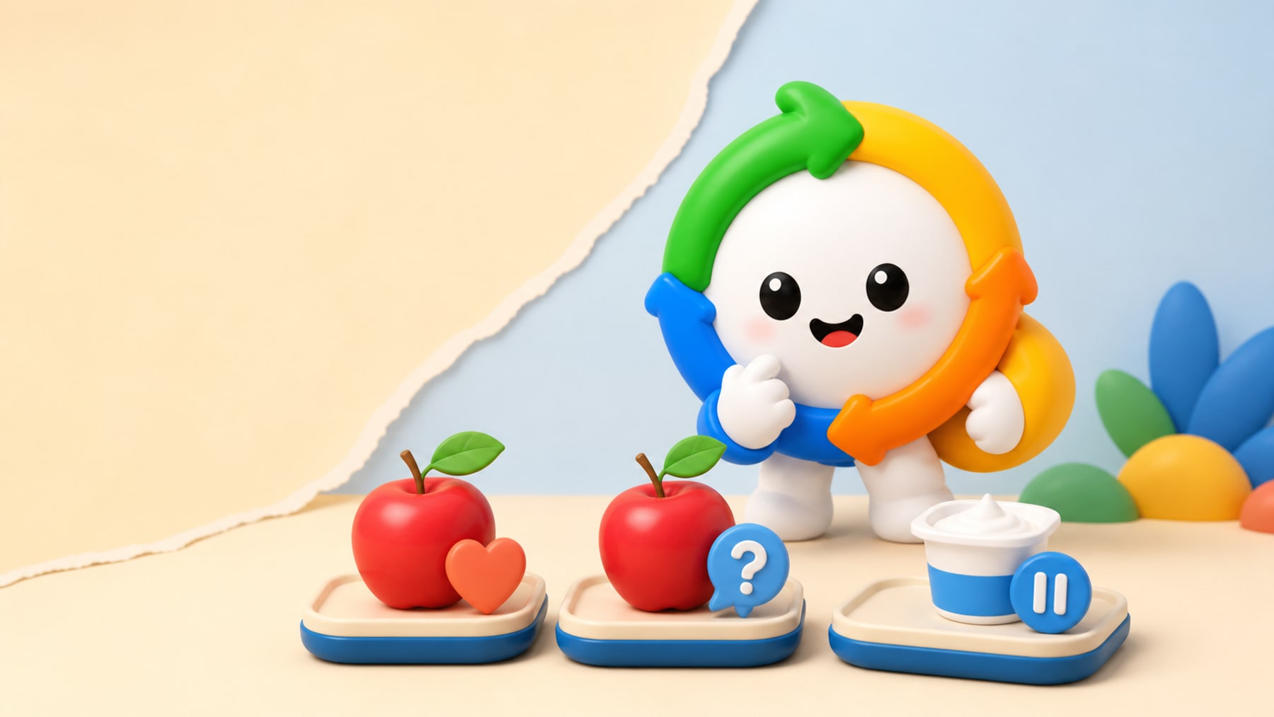 KidEat mascot comparing familiar apple slices and yogurt
