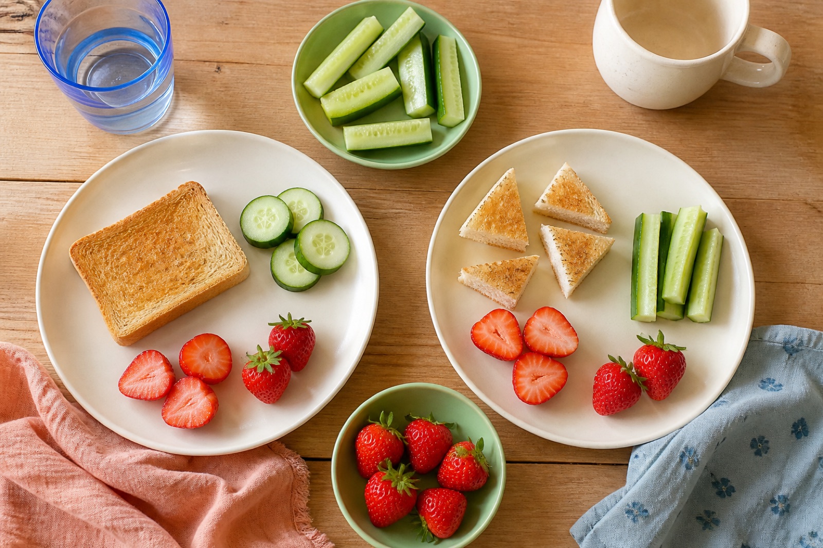 Toast, cucumber and strawberries prepared in the specific shapes a picky eater accepts