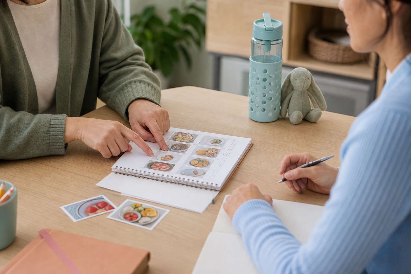 Parent and pediatrician reviewing a child's food diary and meal photos together