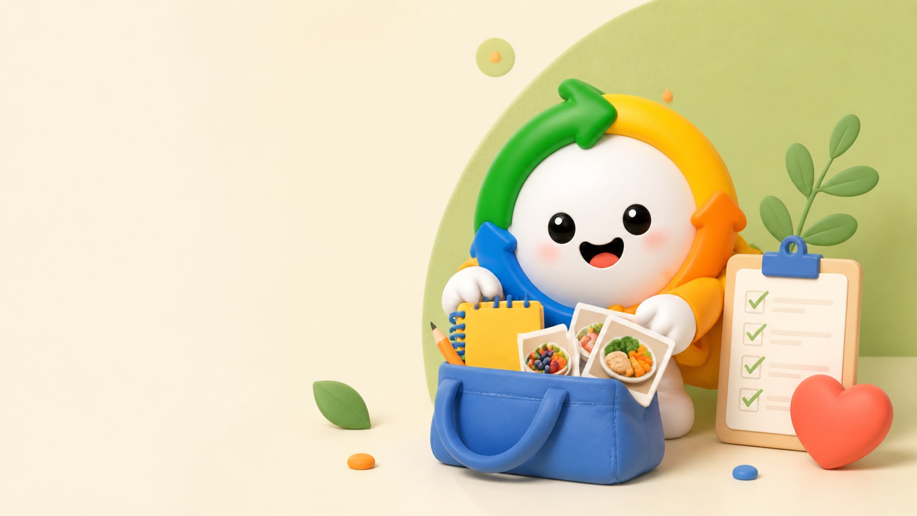 KidEat mascot packing a notebook, meal photos and checklist for an appointment