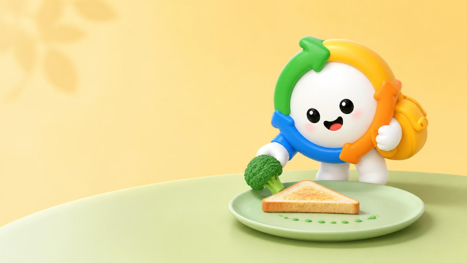 KidEat mascot calmly offering broccoli beside familiar toast