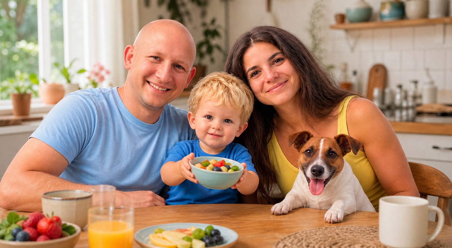 The KidEat family at breakfast: Maxim holds a bowl with his parents and Omka beside him