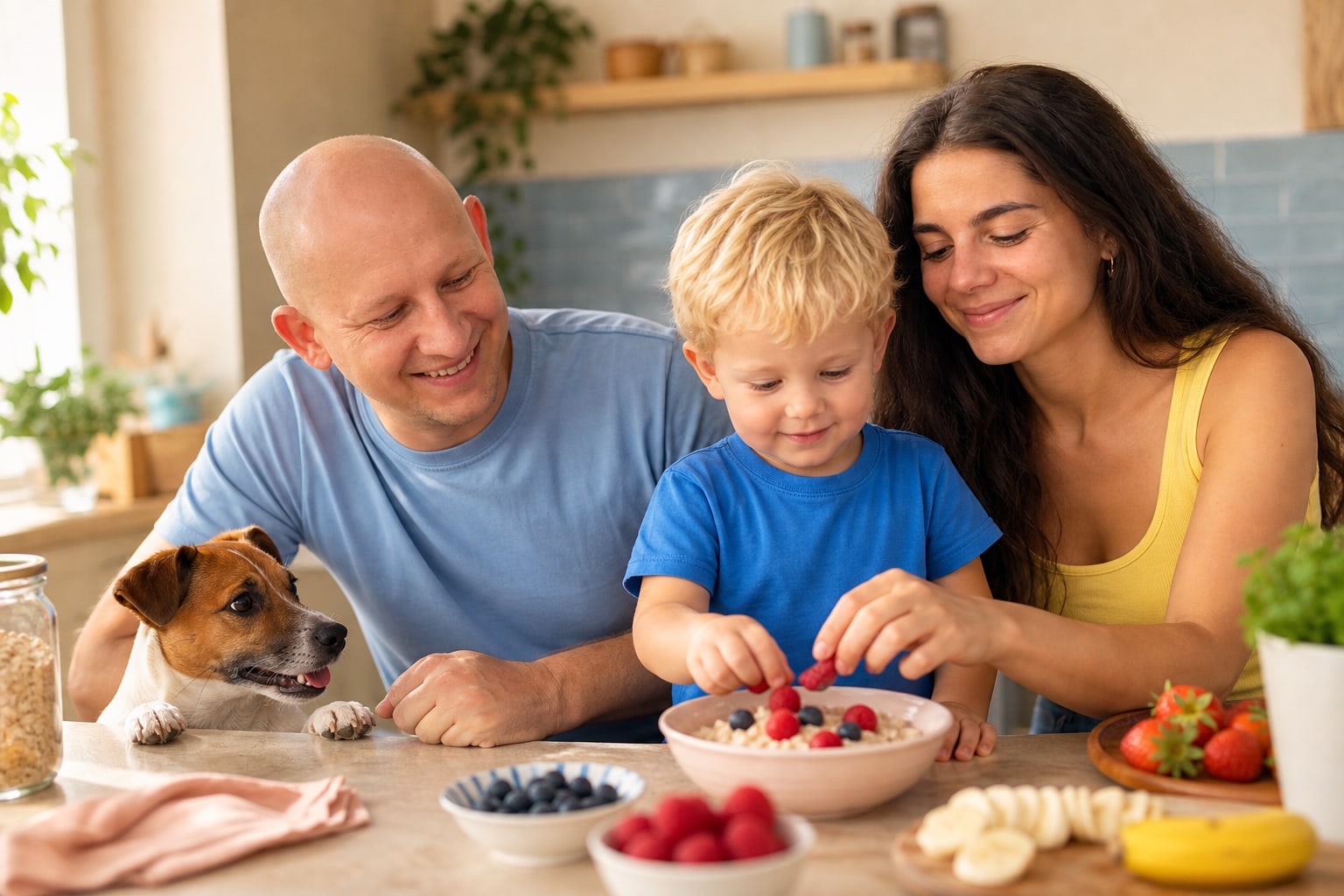 Maxim prepares breakfast with his parents while Omka watches nearby